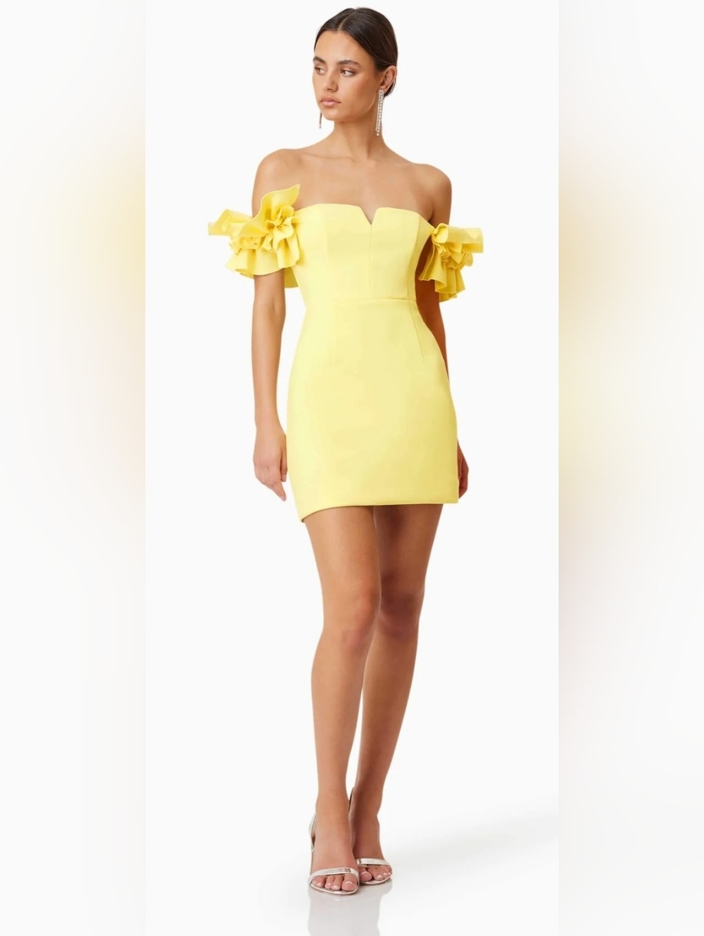 Elliatt Bright Yellow Off-the-Shoulder Mini Dress with Floral Sleeve Detail - Picture 1 of 9